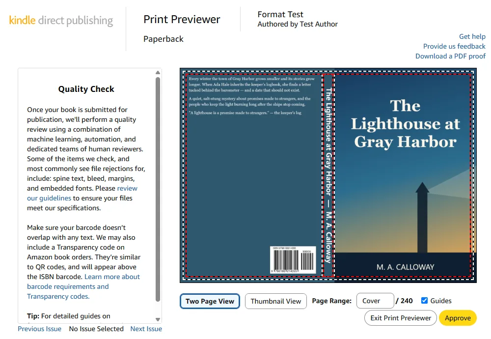 KDP Print Previewer showing the full-wrap cover built by FormatPaperback, with spine text and barcode area inside the guides, no issues reported